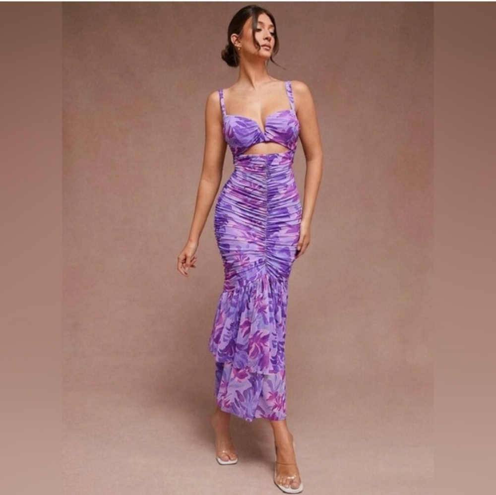Purple Floral Ruched Midi Dress